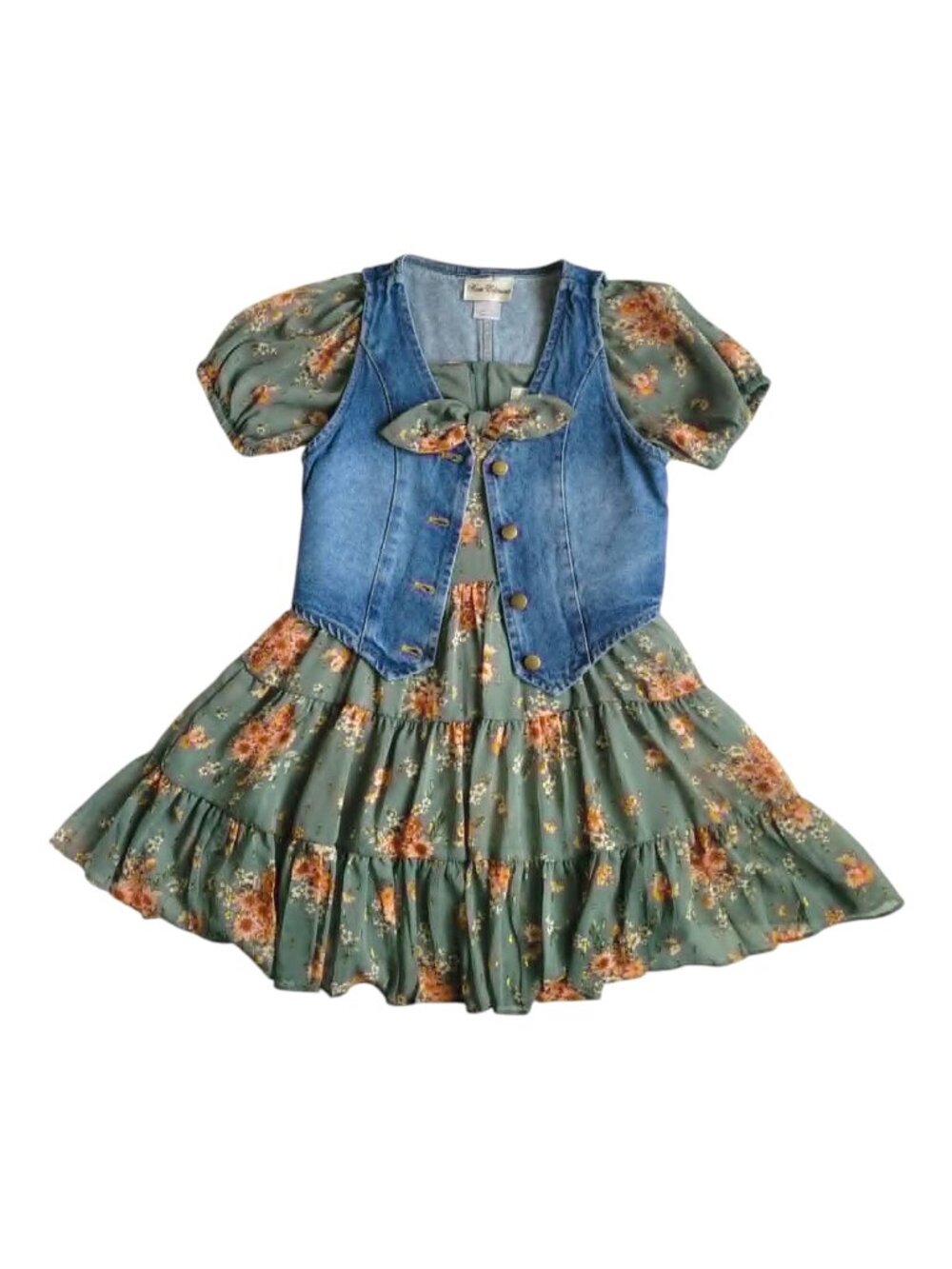 Rare Editions Girls 8 Sage Floral Puff Sleeve Dress & Denim Vest Set NWT